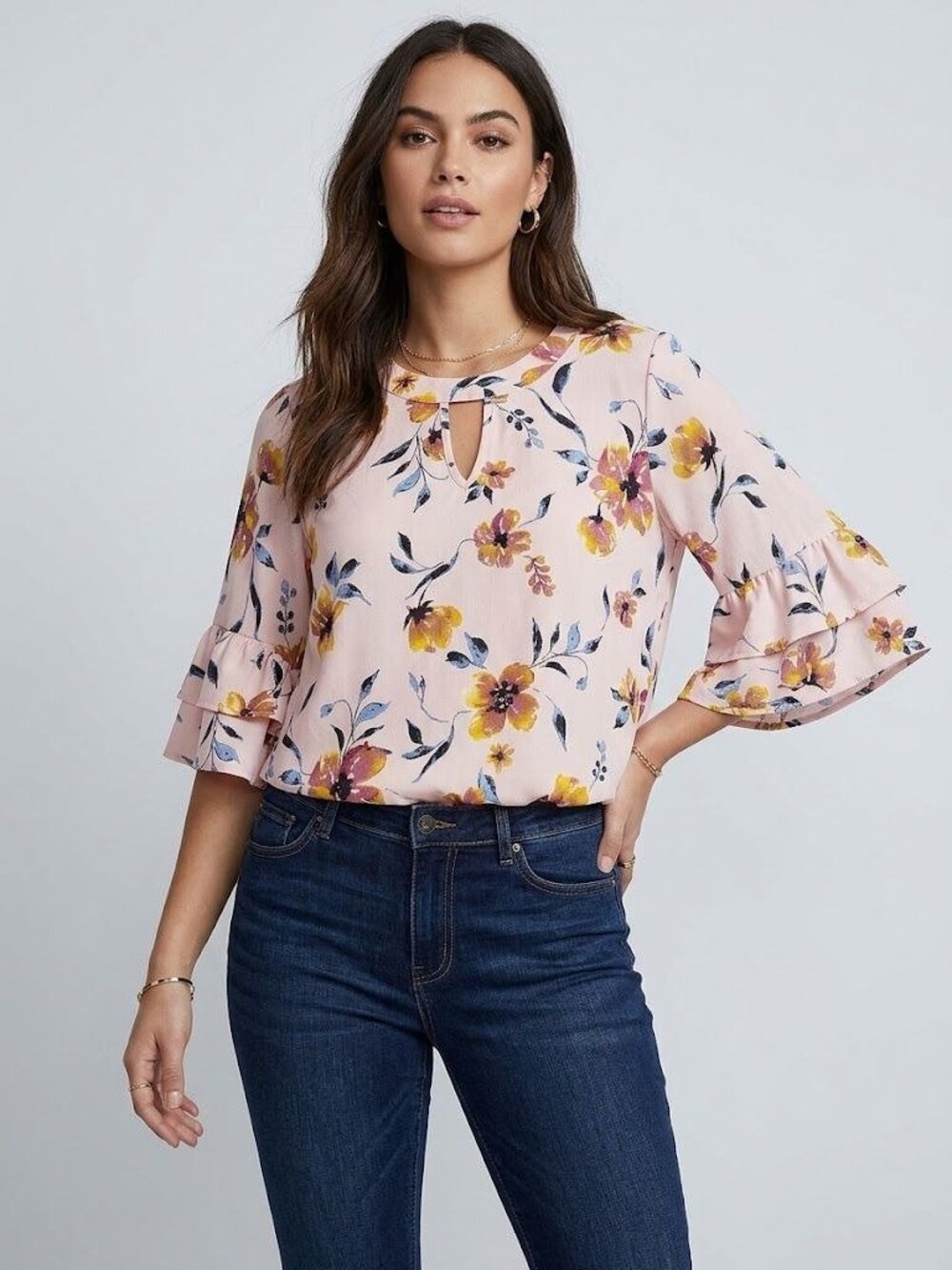 Kirious Womens Floral Blouse L Pink Ruffle Bell Sleeve Keyhole Stretch Boho Top